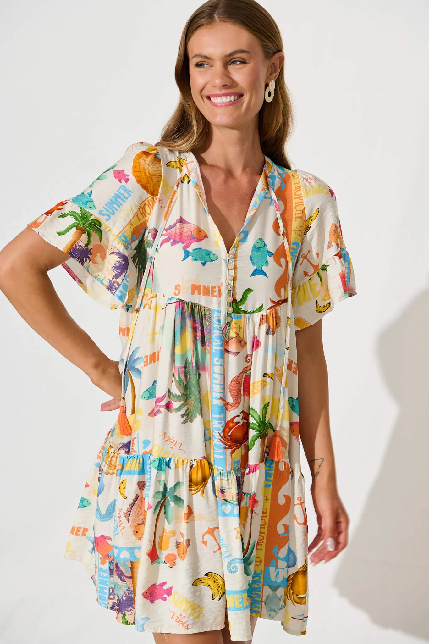 Tahnee Smock Dress In Cream With Multi Summer Print sold by St Frock product image thumbnail 2