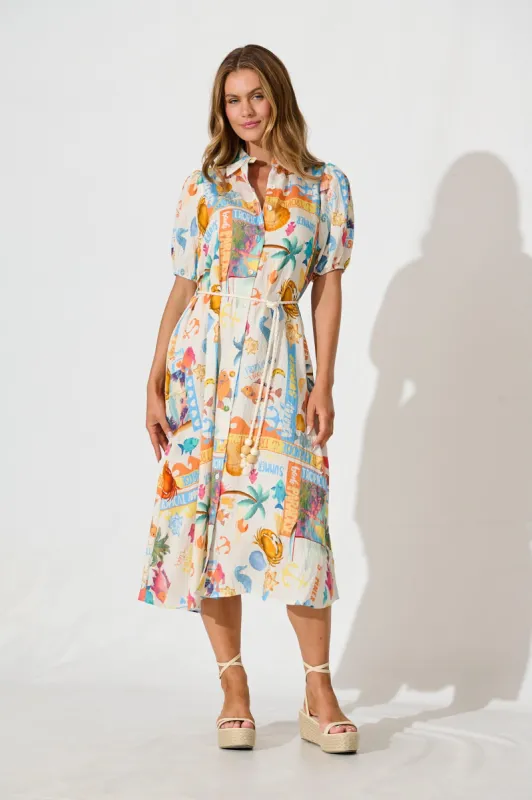 Dearest Midi Shirt Dress In Cream With Multi Summer Print sold by St Frock