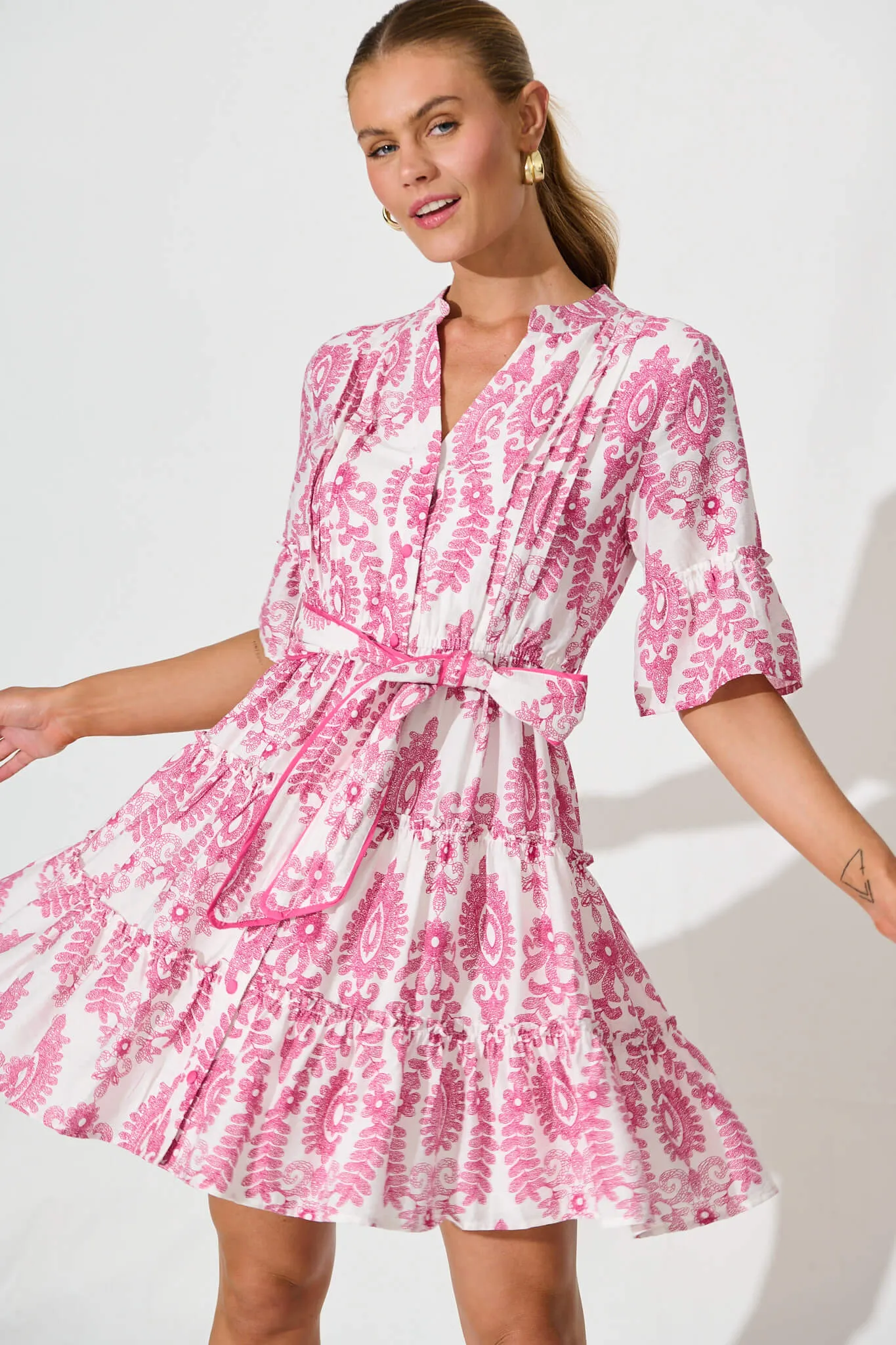 Elio Dress in White with Pink Floral Print sold by St Frock product image thumbnail 2