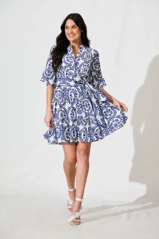 Elio Dress in White with Navy Floral Print sold by St Frock