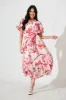 Yuki Midi Dress in White with Pink Floral sold by St Frock