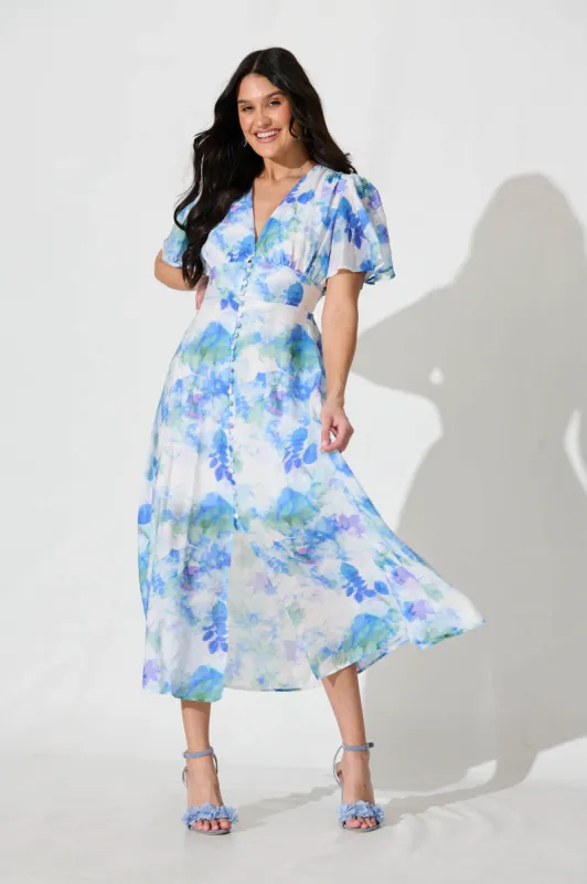 Lovelight Midi Dress in White with Blue and Green Floral sold by St Frock