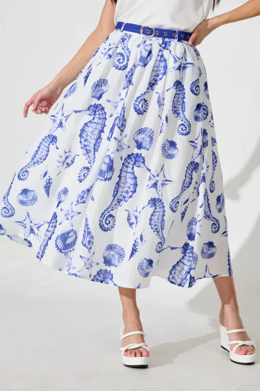 Hestia Midi Skirt in White with Blue Print Linen Blend sold by St Frock