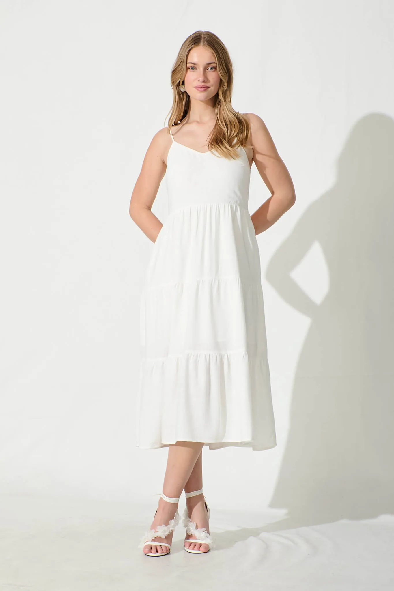Utopia Midi Sundress in White Linen Blend sold by St Frock