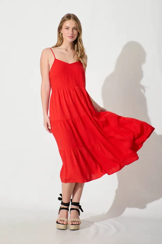 Utopia Midi Sundress in Red Linen Blend sold by St Frock