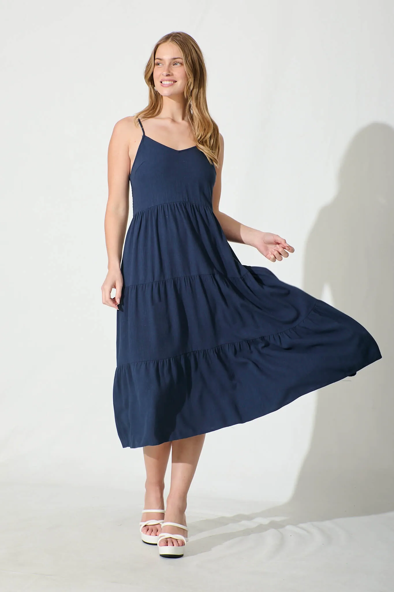 Utopia Midi Sundress in Navy Linen Blend sold by St Frock