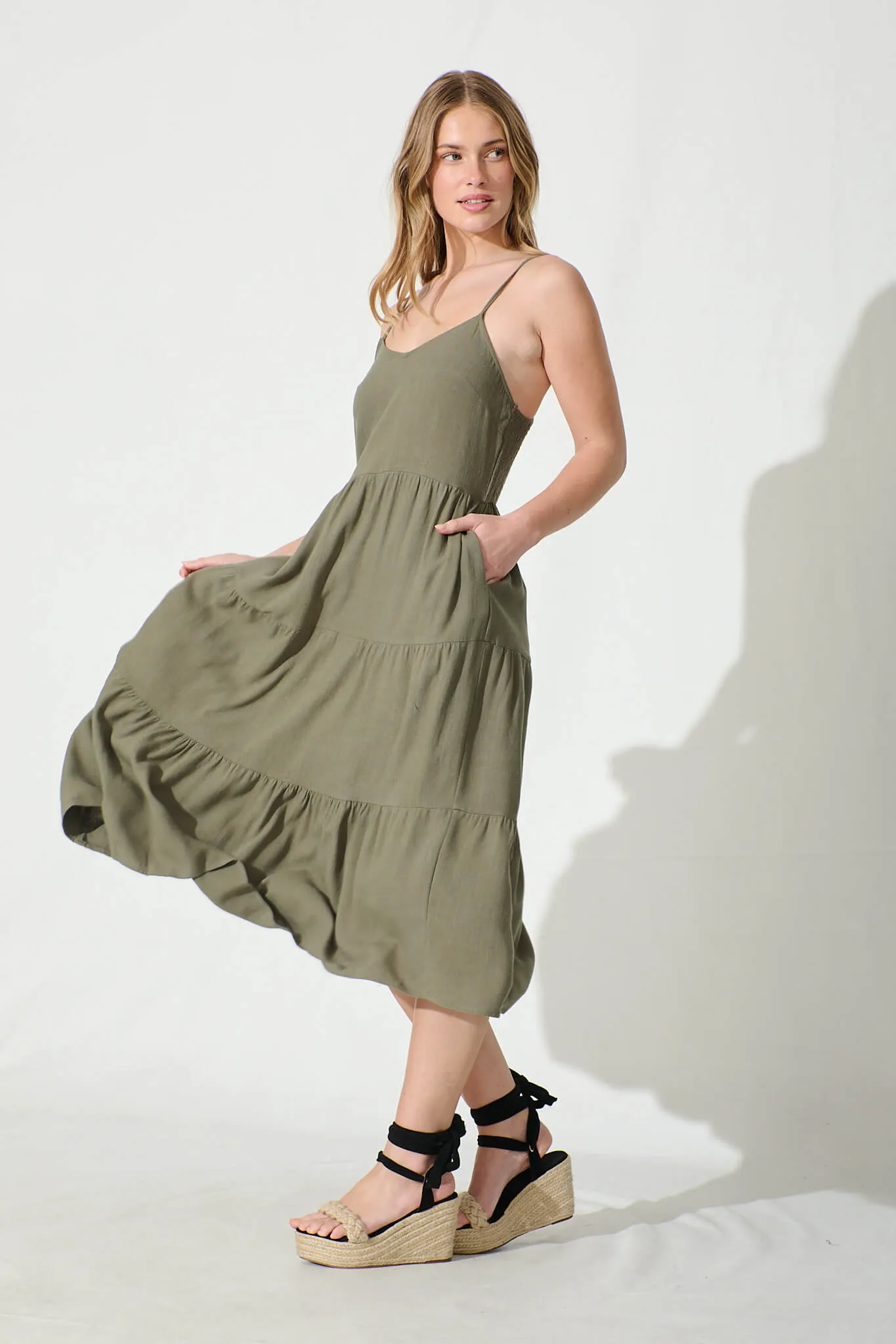 Utopia Midi Sundress in Khaki Linen Blend sold by St Frock product image thumbnail 3