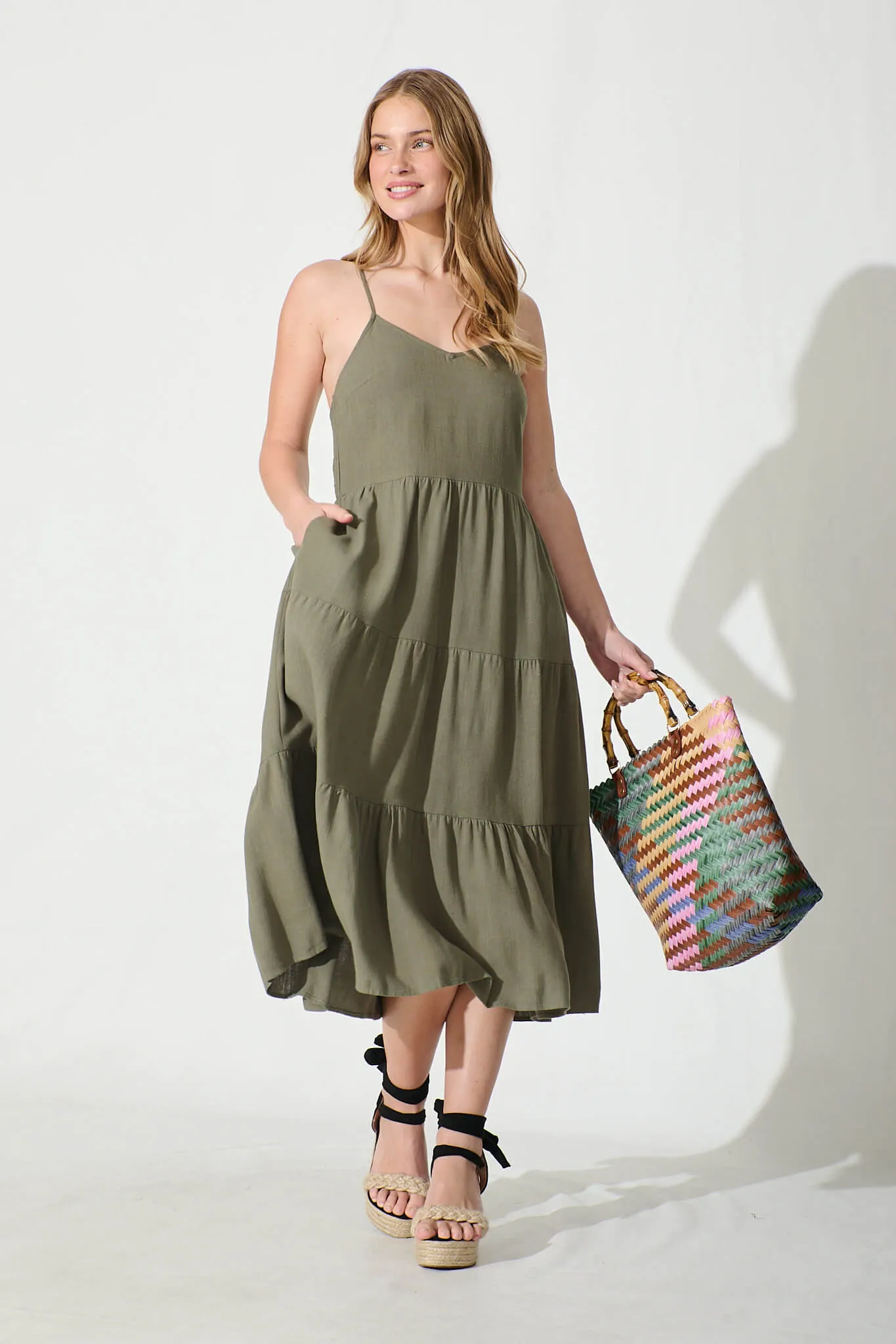 Utopia Midi Sundress in Khaki Linen Blend sold by St Frock