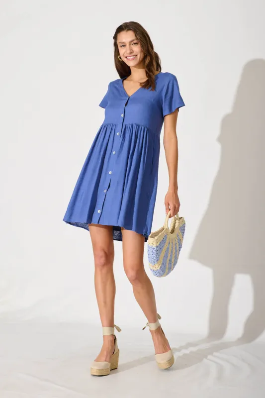 Horizon Smock Dress In Blue Linen Blend sold by St Frock