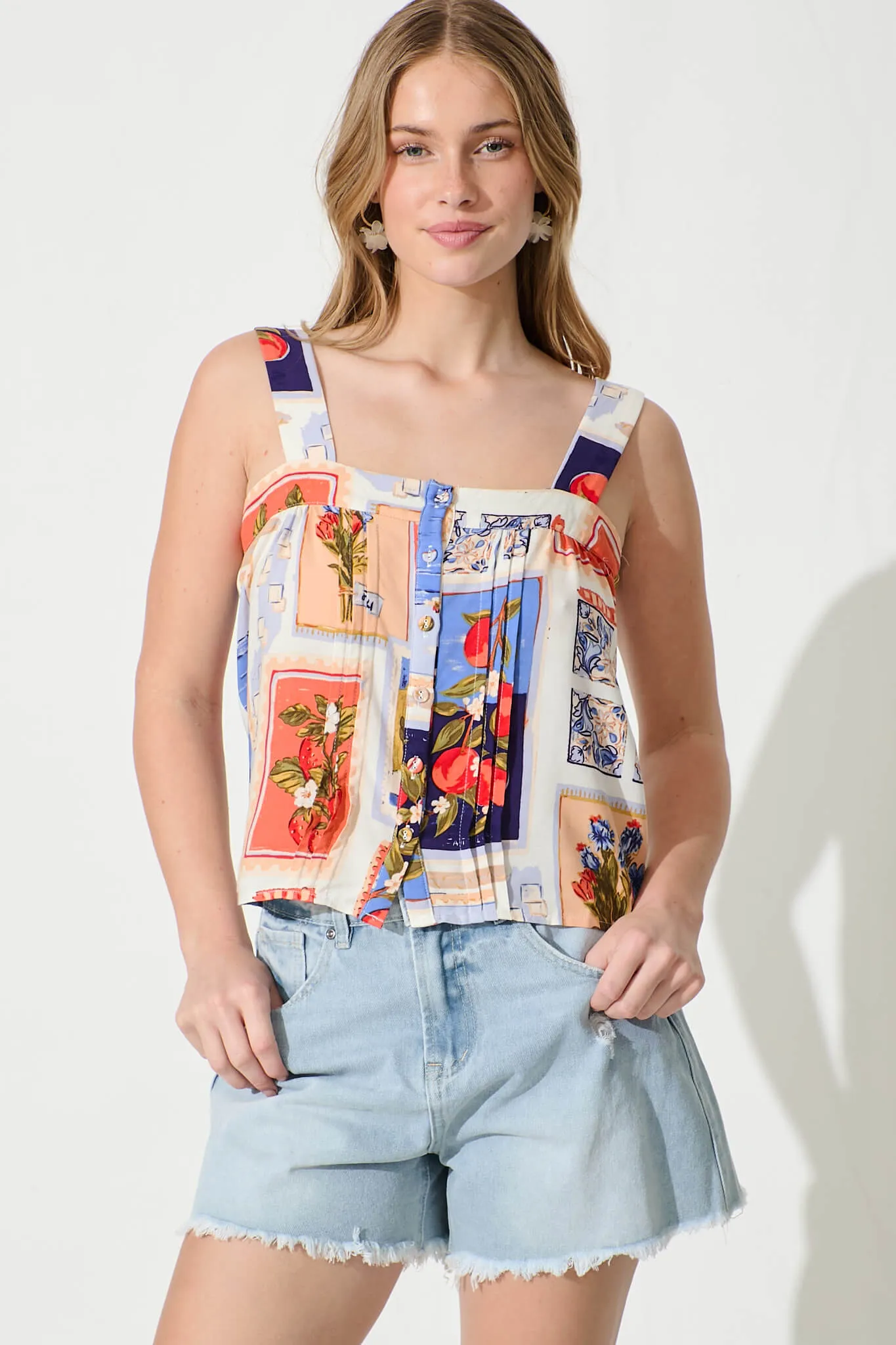 Liliana Cami Top In White Multi Postcard Print sold by St Frock