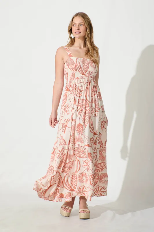 Panola Maxi Sundress in Cream with Rust Print sold by St Frock