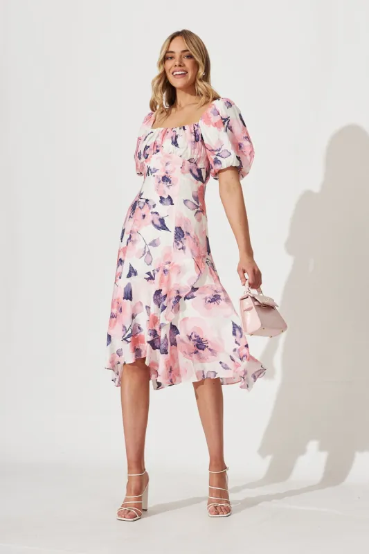 Rozella Midi Dress In White With Pink Floral Print Cotton Blend sold by St Frock