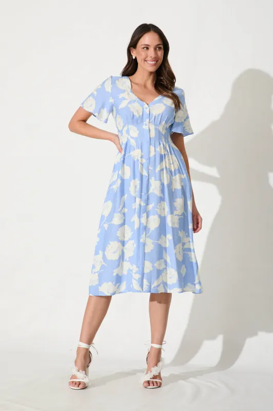 Yvette Midi Dress In Blue With White Floral sold by St Frock