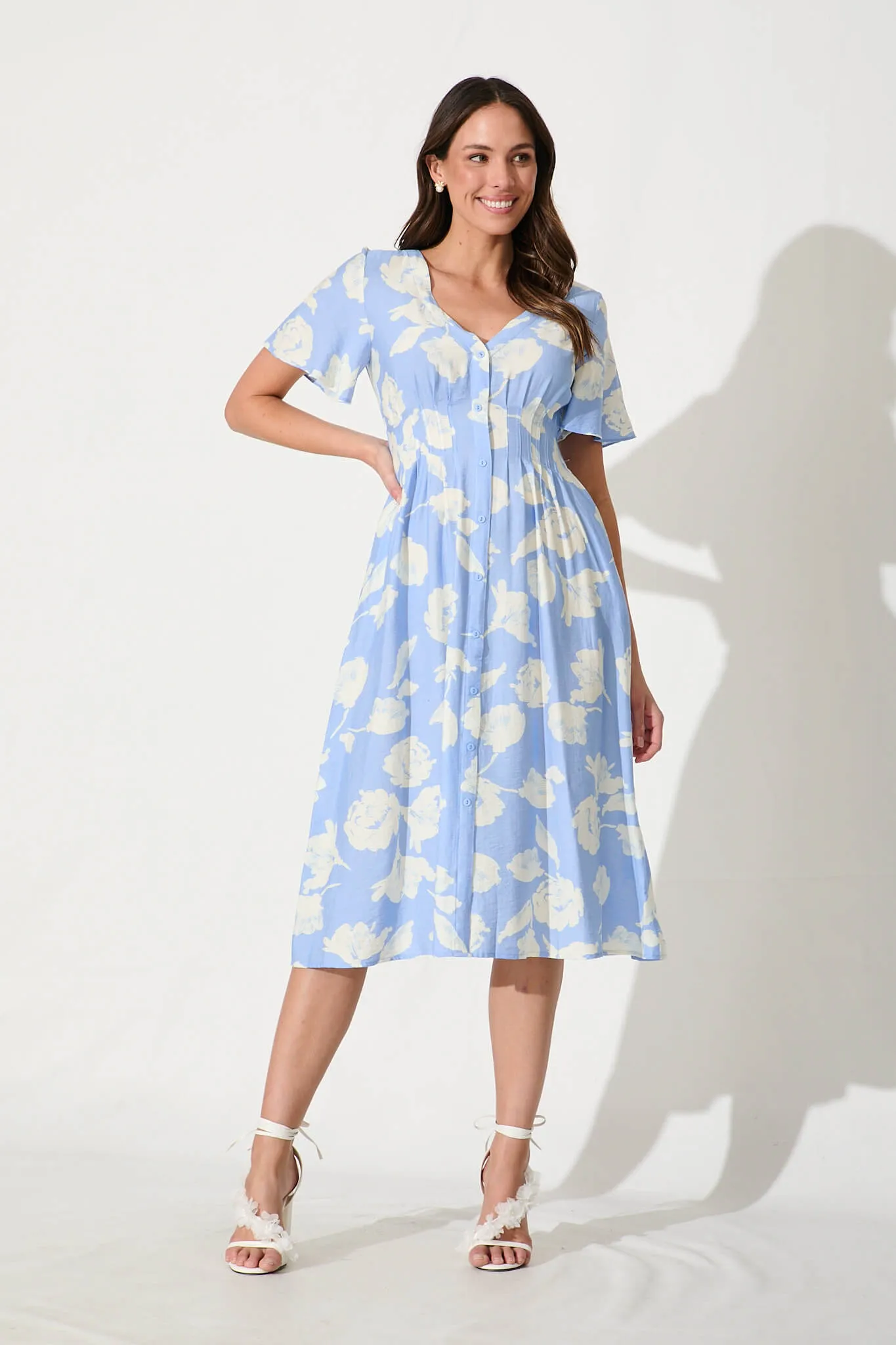 Yvette Midi Dress In Blue With White Floral sold by St Frock