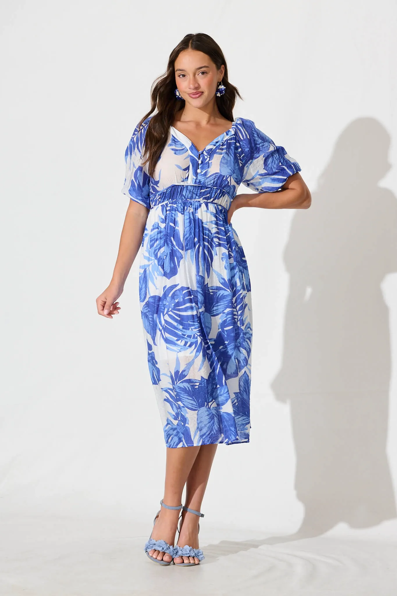 Lavita Midi Dress in Blue Leaf Print sold by St Frock