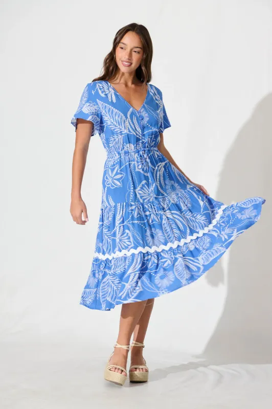 Laconia Midi Dress In Blue Print with Ric Rac Trim sold by St Frock