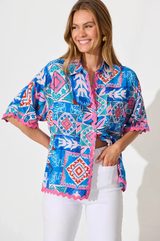 Dream Girl Shirt in Pink and Blue Multi with Ric Rac Trim sold by St Frock