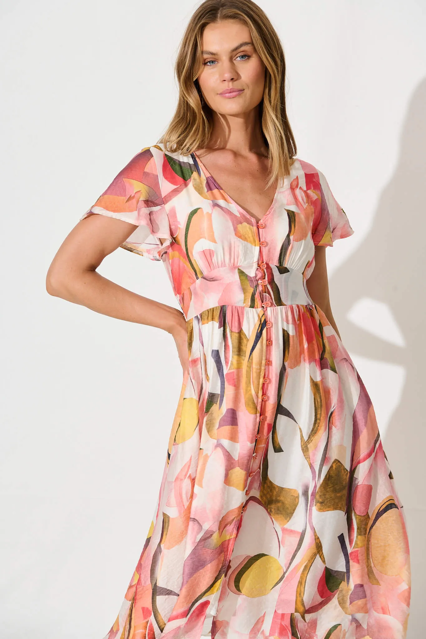 Jocely Midi Dress in White with Multi Floral sold by St Frock product image thumbnail 2