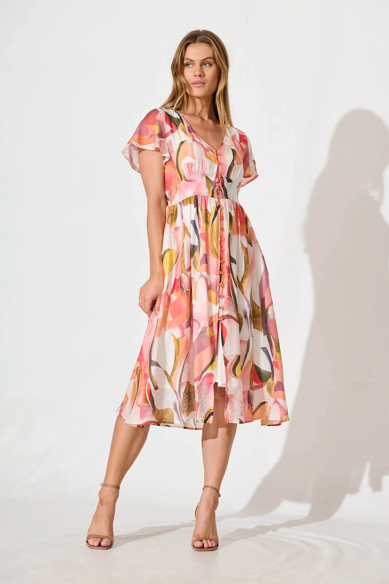 Jocely Midi Dress in White with Multi Floral sold by St Frock