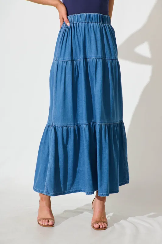 Seren Maxi Skirt in Mid Blue Denim sold by St Frock