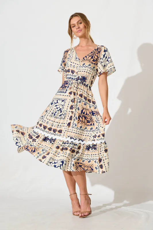 Laconia Midi Dress in Cream and Navy Patchwork with Ric Rac Trim sold by St Frock