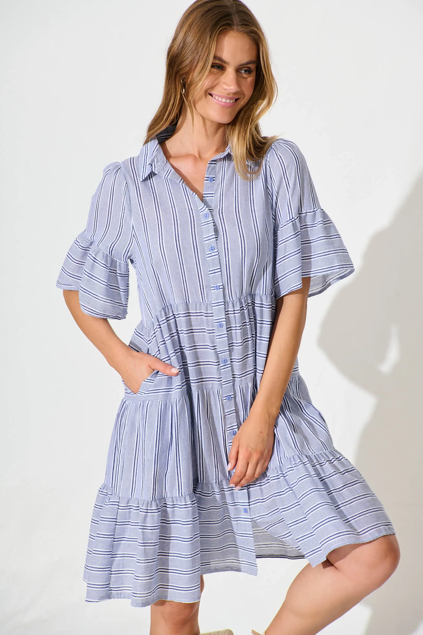 Glorianna Smock Dress In Blue With White Stripe Cotton sold by St Frock product image thumbnail 2