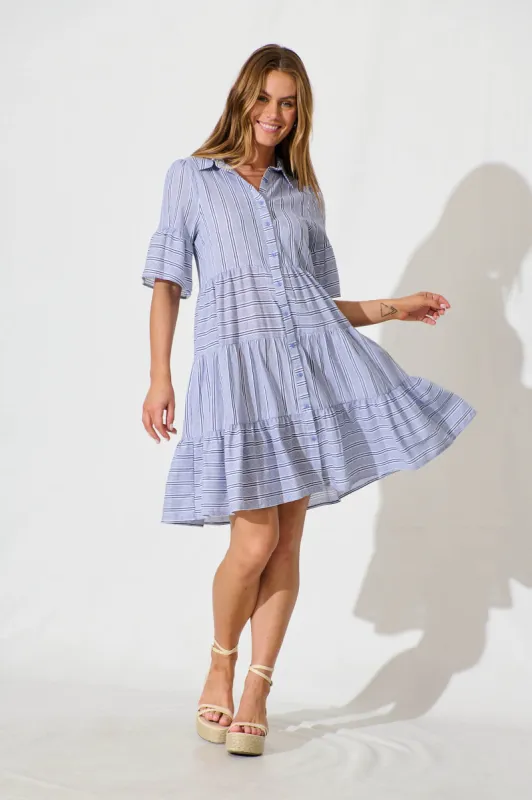 Glorianna Smock Dress In Blue With White Stripe Cotton sold by St Frock