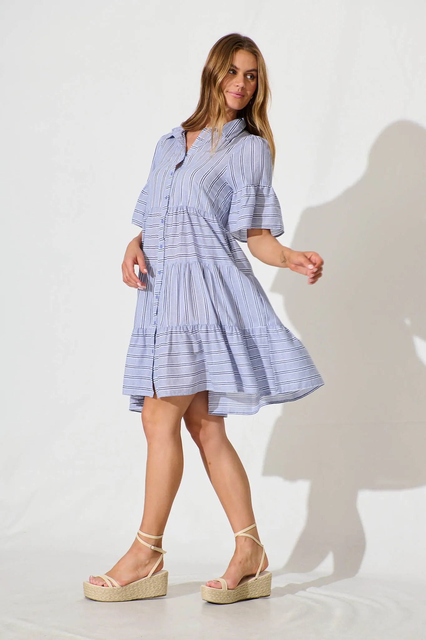 Glorianna Smock Dress In Blue With White Stripe Cotton sold by St Frock product image thumbnail 3