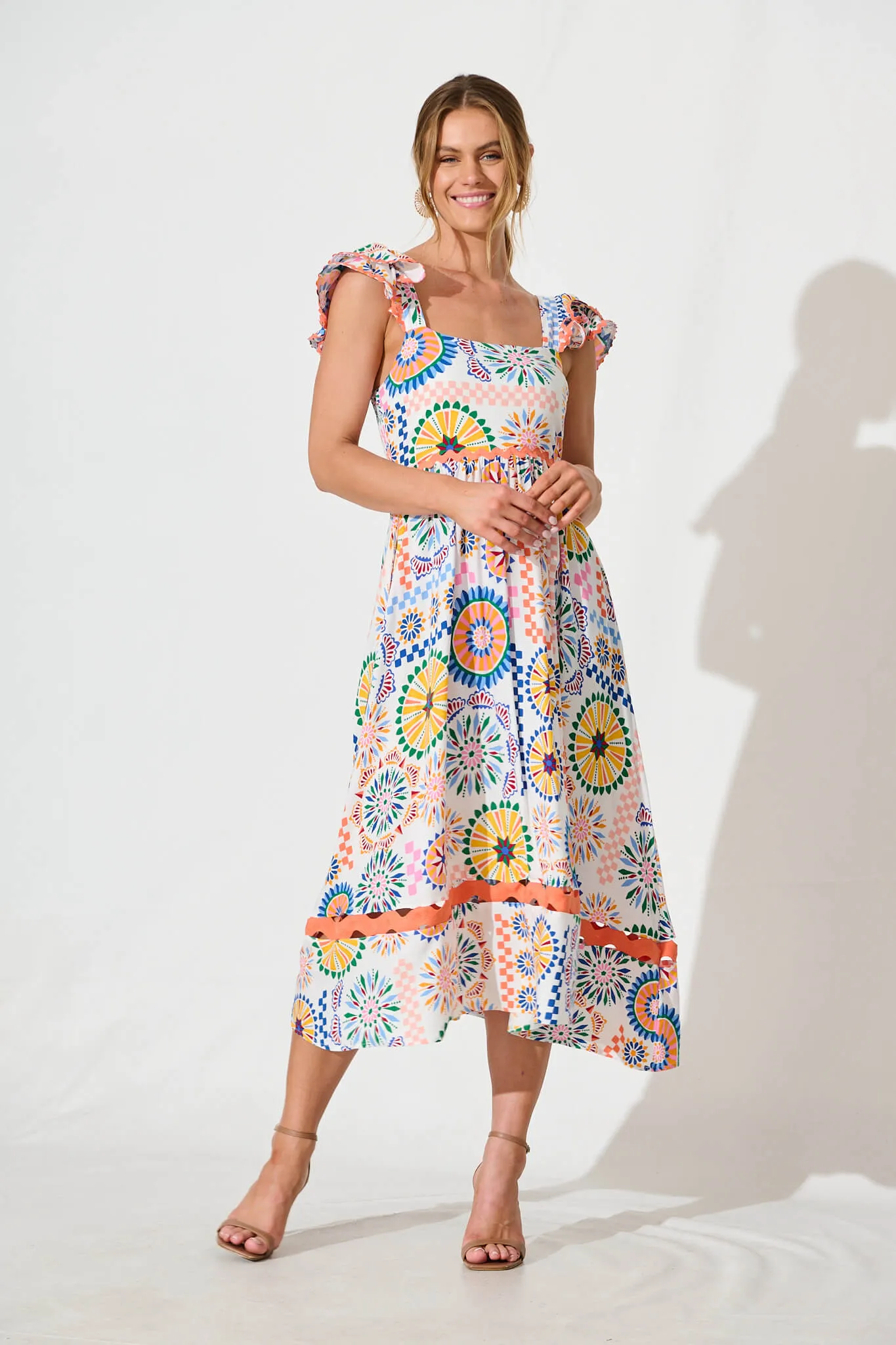 Miami Midi Dress in White Multi Print with Ric Rac Trim sold by St Frock