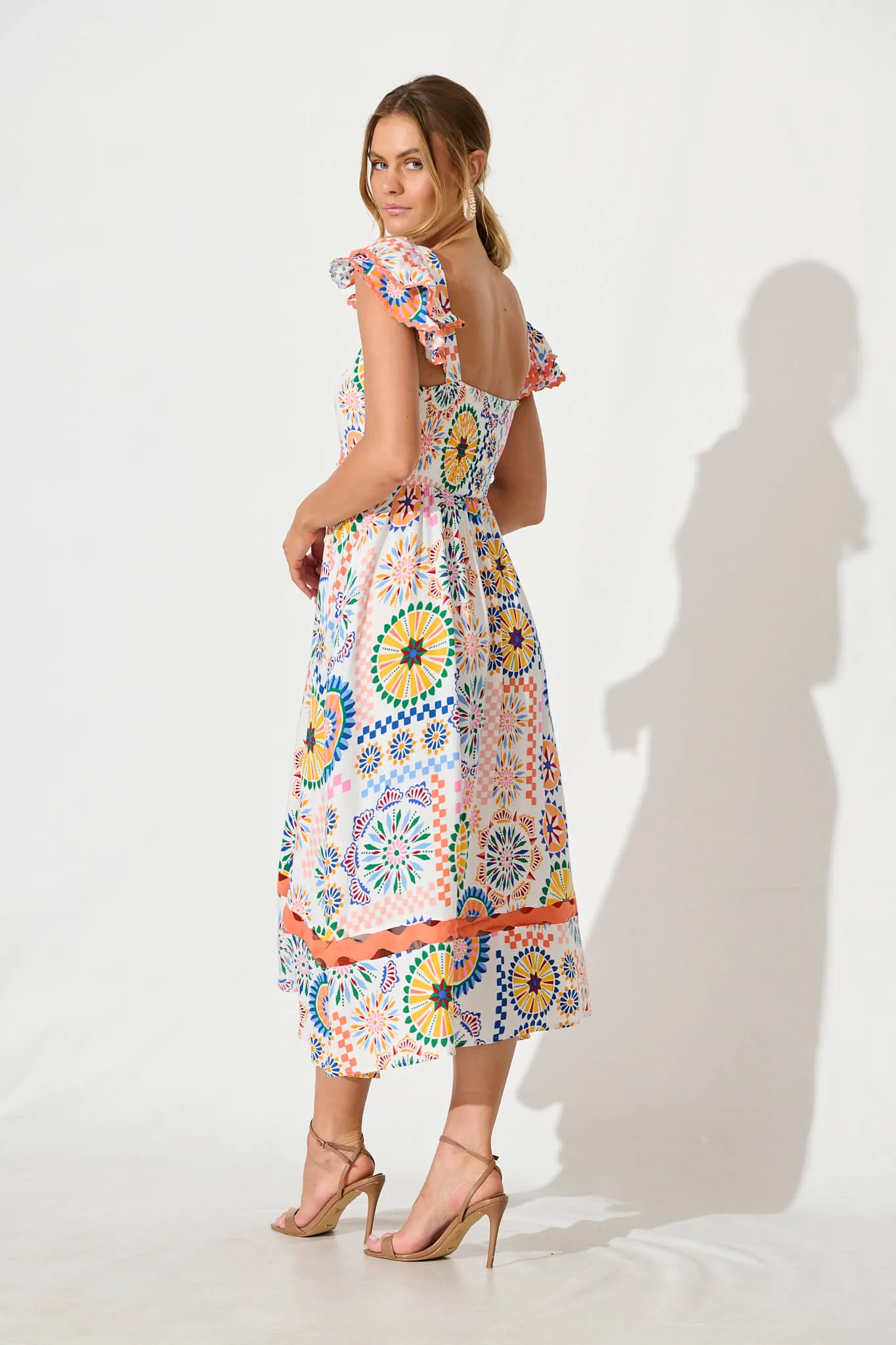 Miami Midi Dress in White Multi Print with Ric Rac Trim sold by St Frock product image thumbnail 4