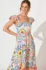 Miami Midi Dress in White Multi Print with Ric Rac Trim sold by St Frock