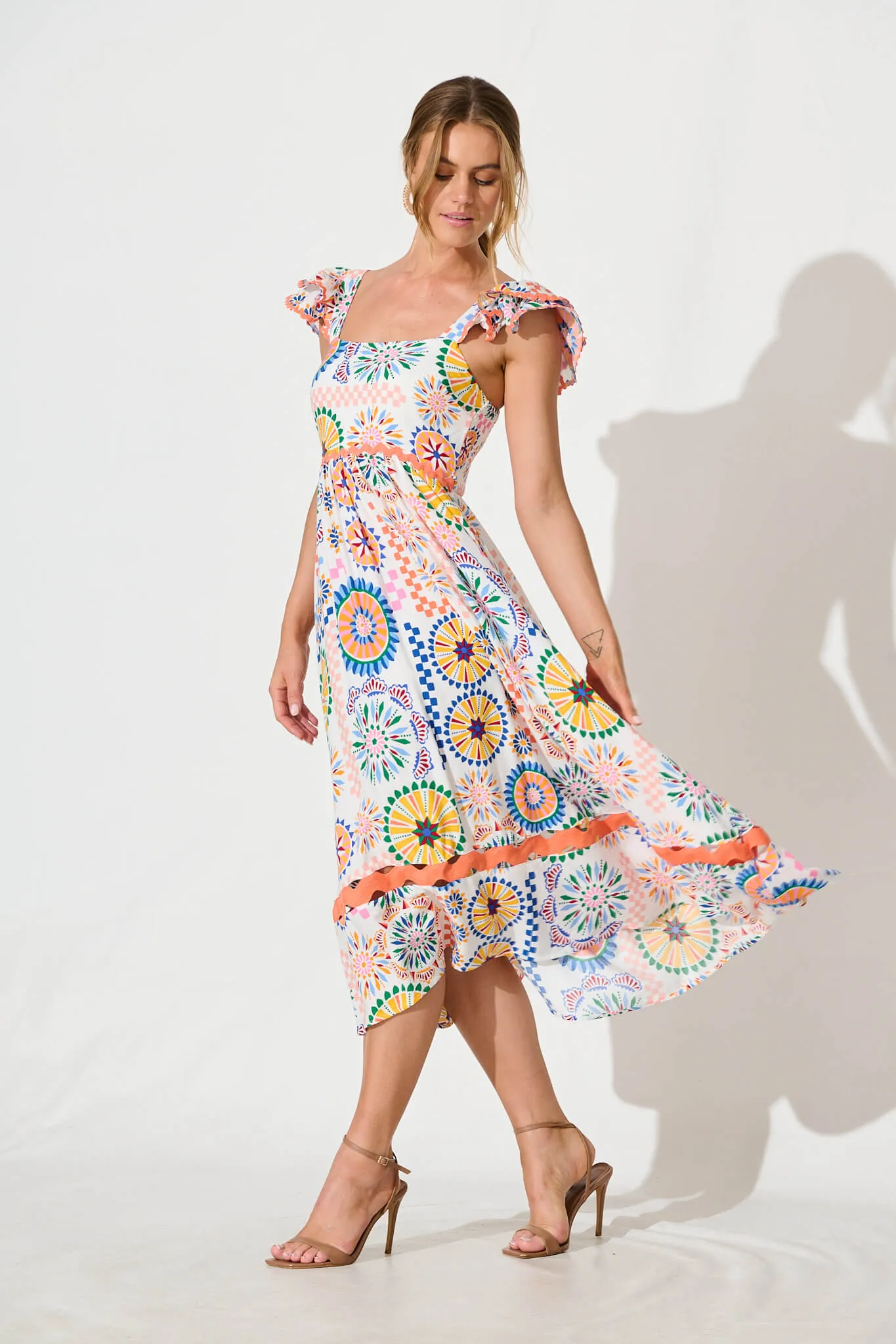 Miami Midi Dress in White Multi Print with Ric Rac Trim sold by St Frock product image thumbnail 3