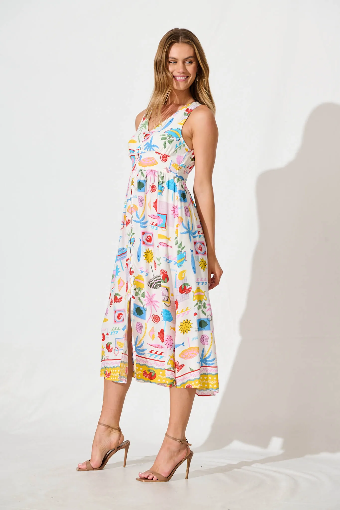 Ryland Midi Dress in White with Multi Conversational Print sold by St Frock product image thumbnail 3