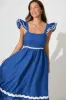 Miami Midi Dress In Blue With White Ric Rac Cotton sold by St Frock