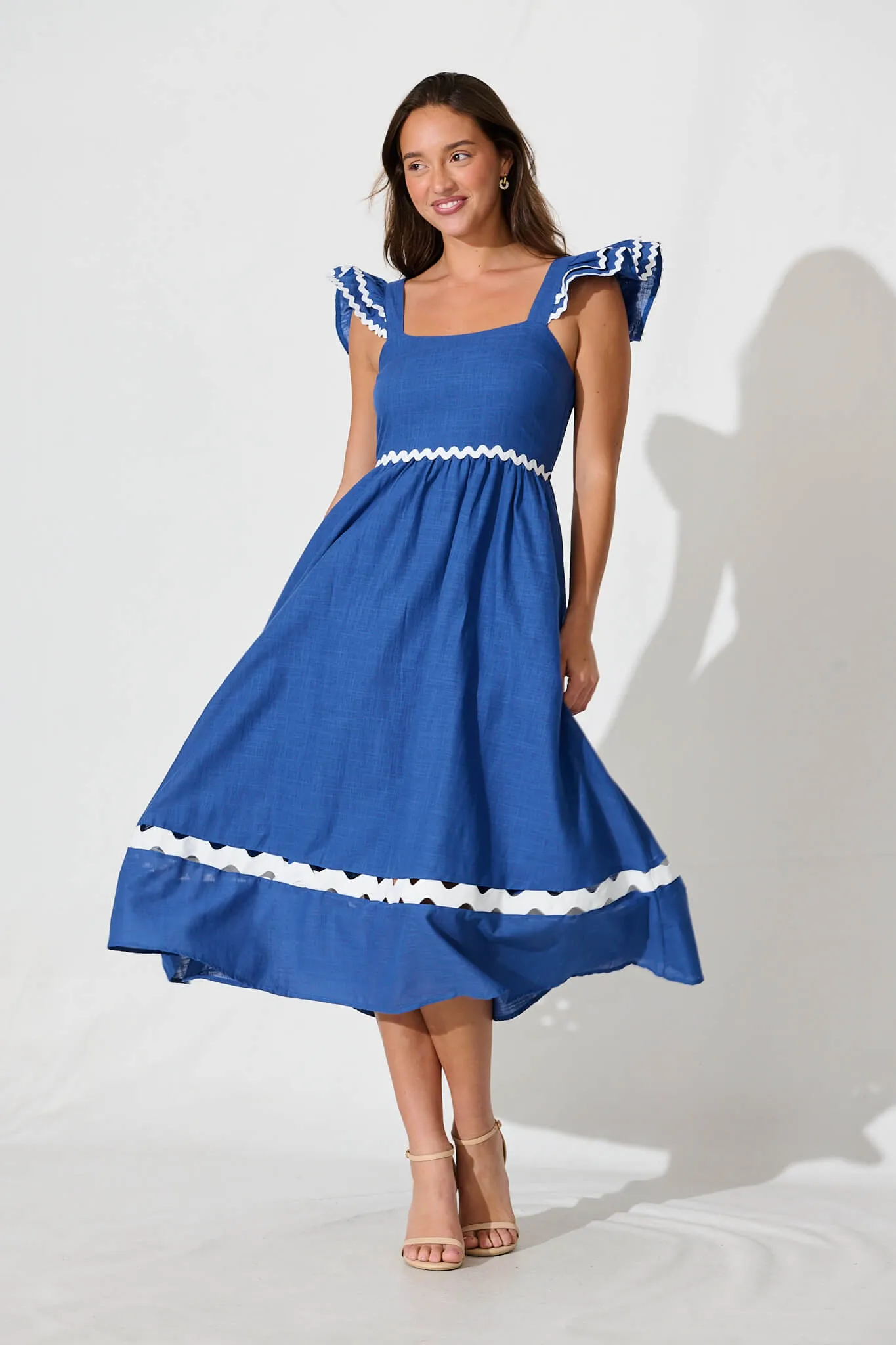 Miami Midi Dress In Blue With White Ric Rac Cotton sold by St Frock