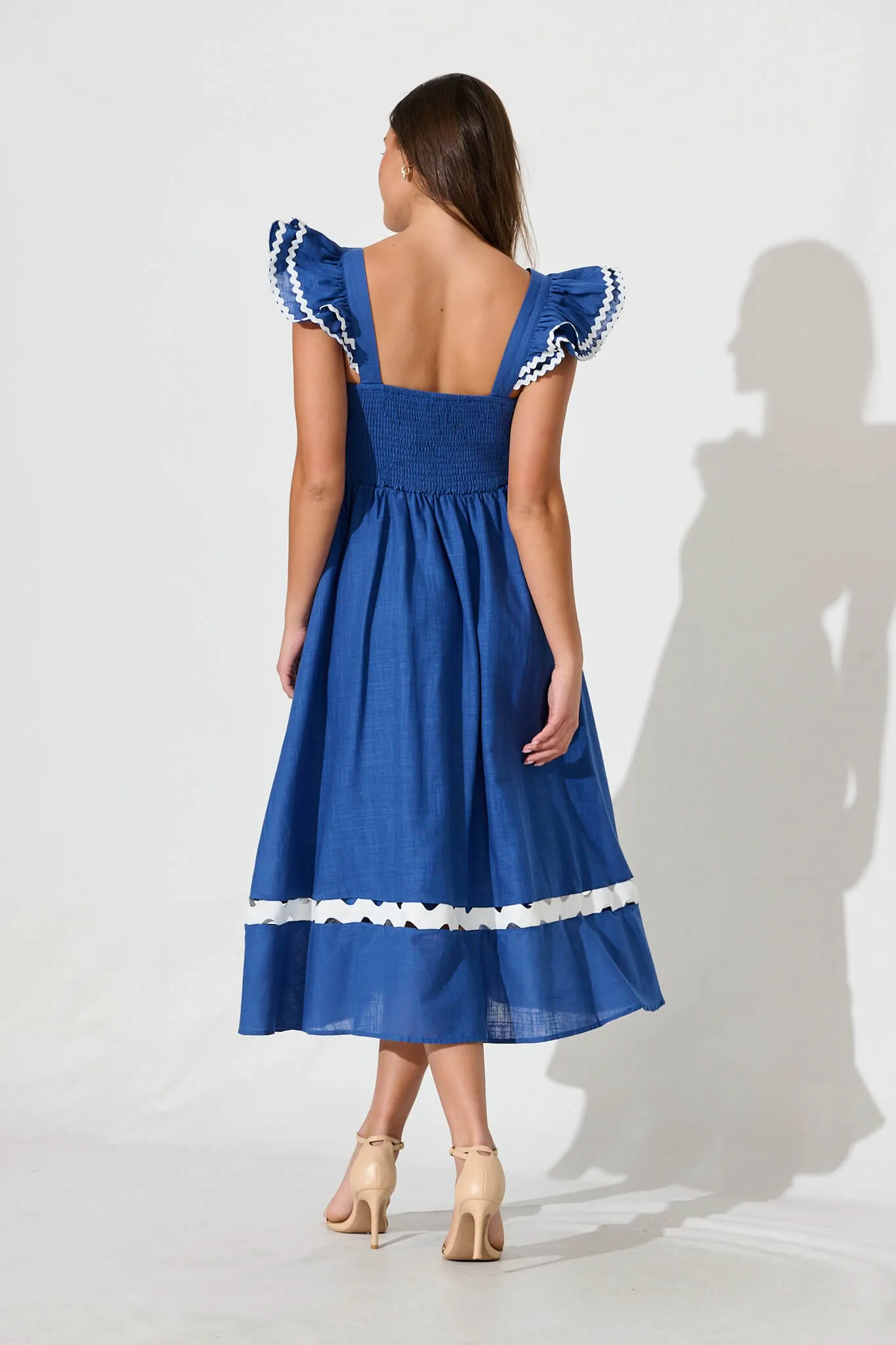 Miami Midi Dress In Blue With White Ric Rac Cotton sold by St Frock product image thumbnail 4