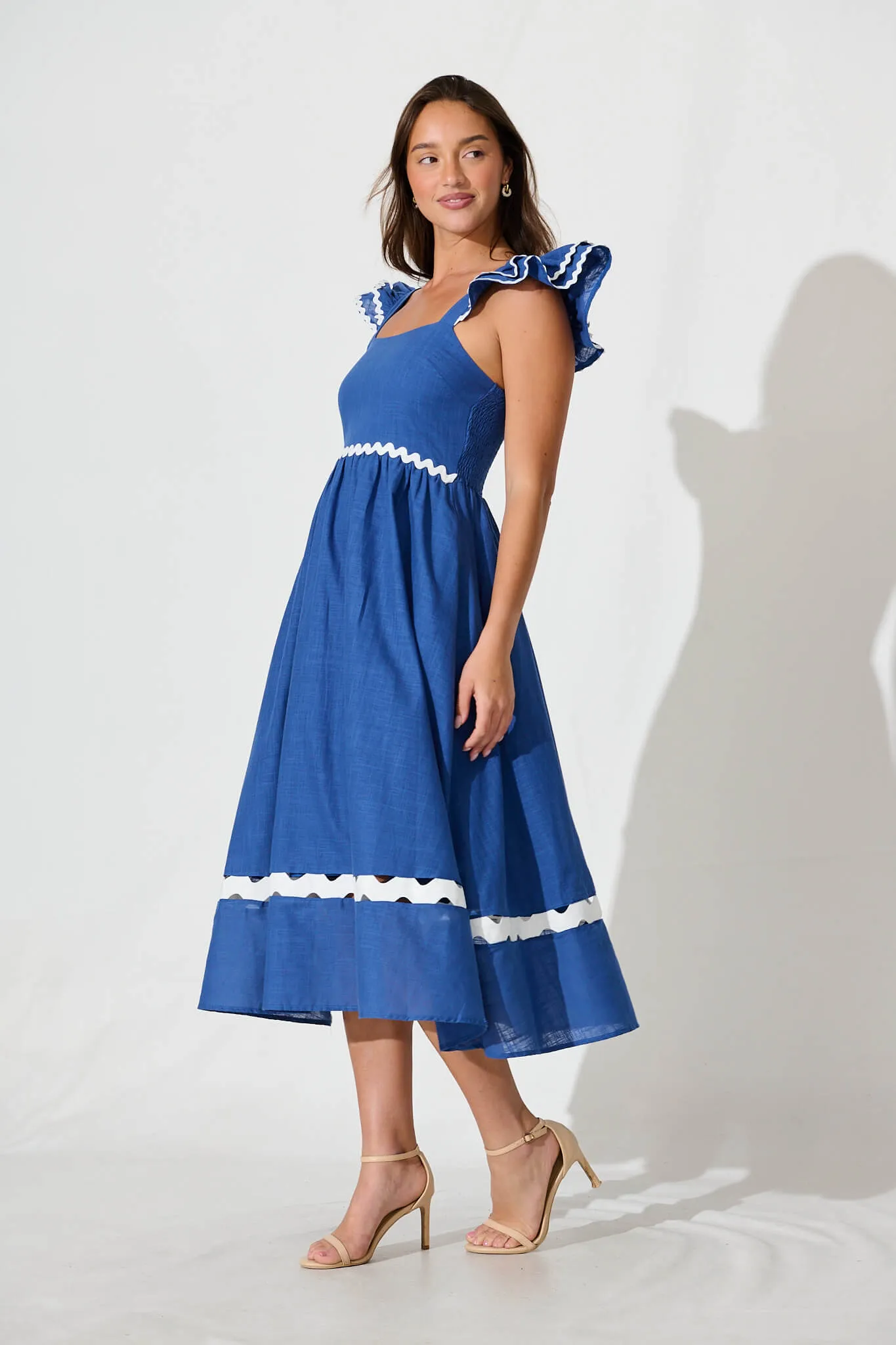 Miami Midi Dress In Blue With White Ric Rac Cotton sold by St Frock product image thumbnail 3