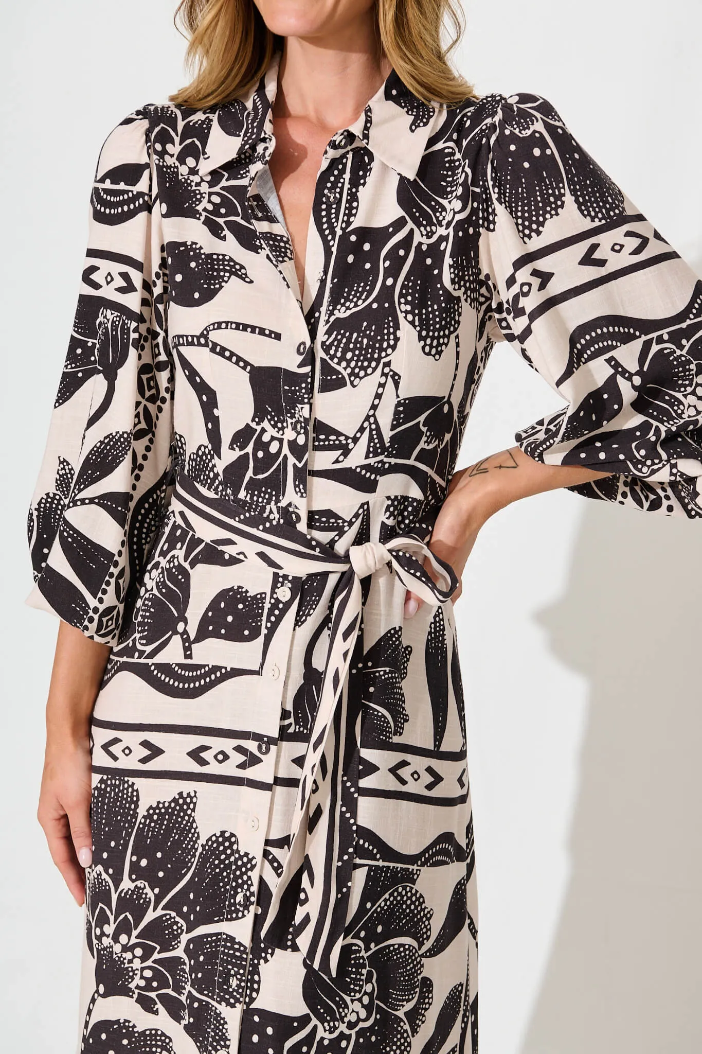 Eira Maxi Shirt Dress in Beige with Black Flower Linen Blend sold by St Frock product image thumbnail 5