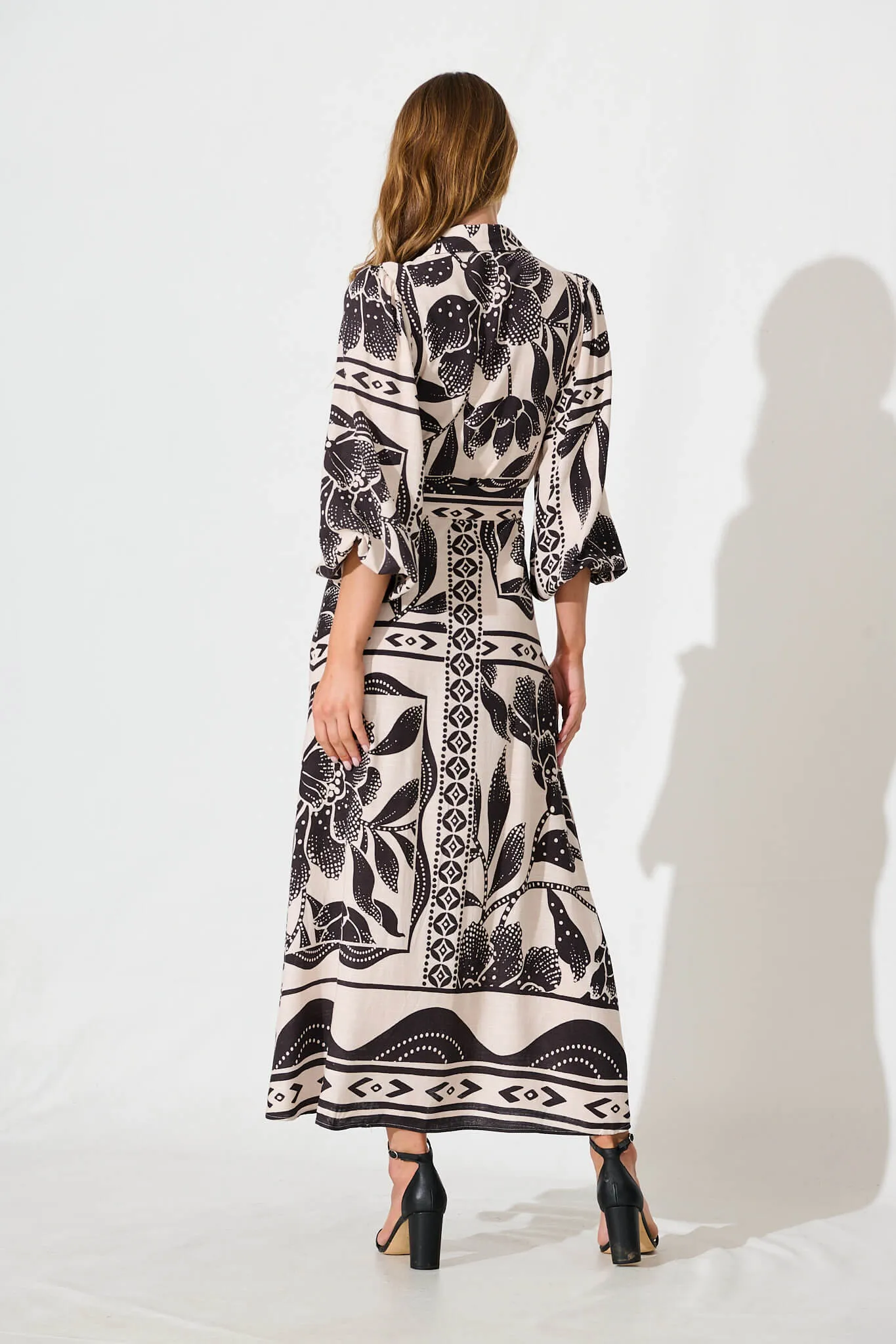 Eira Maxi Shirt Dress in Beige with Black Flower Linen Blend sold by St Frock product image thumbnail 4