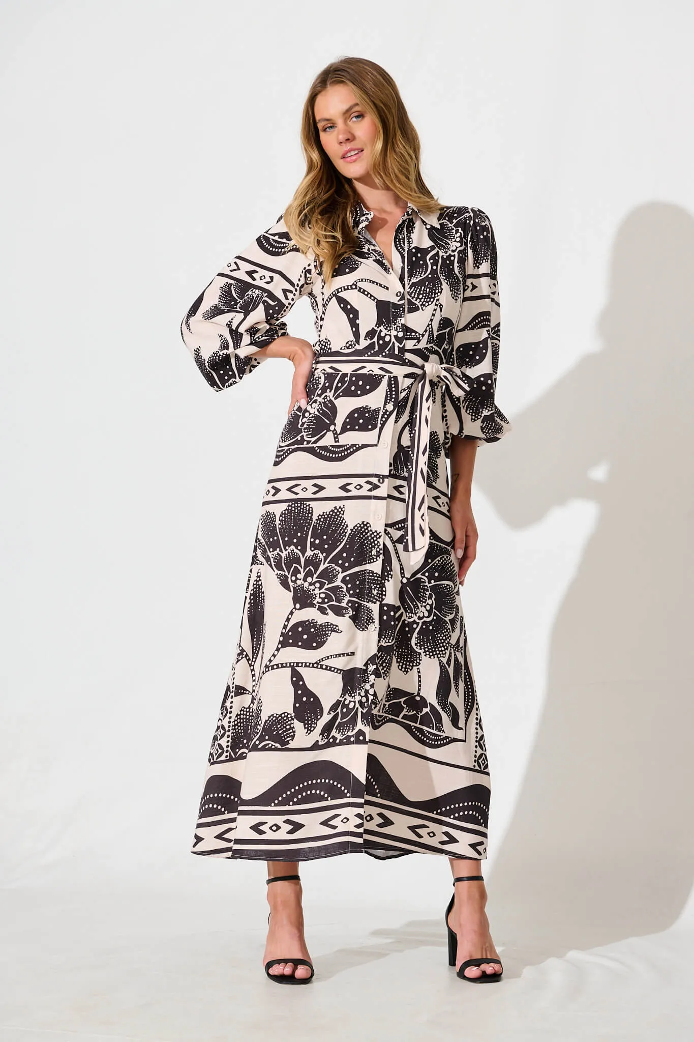 Eira Maxi Shirt Dress in Beige with Black Flower Linen Blend sold by St Frock