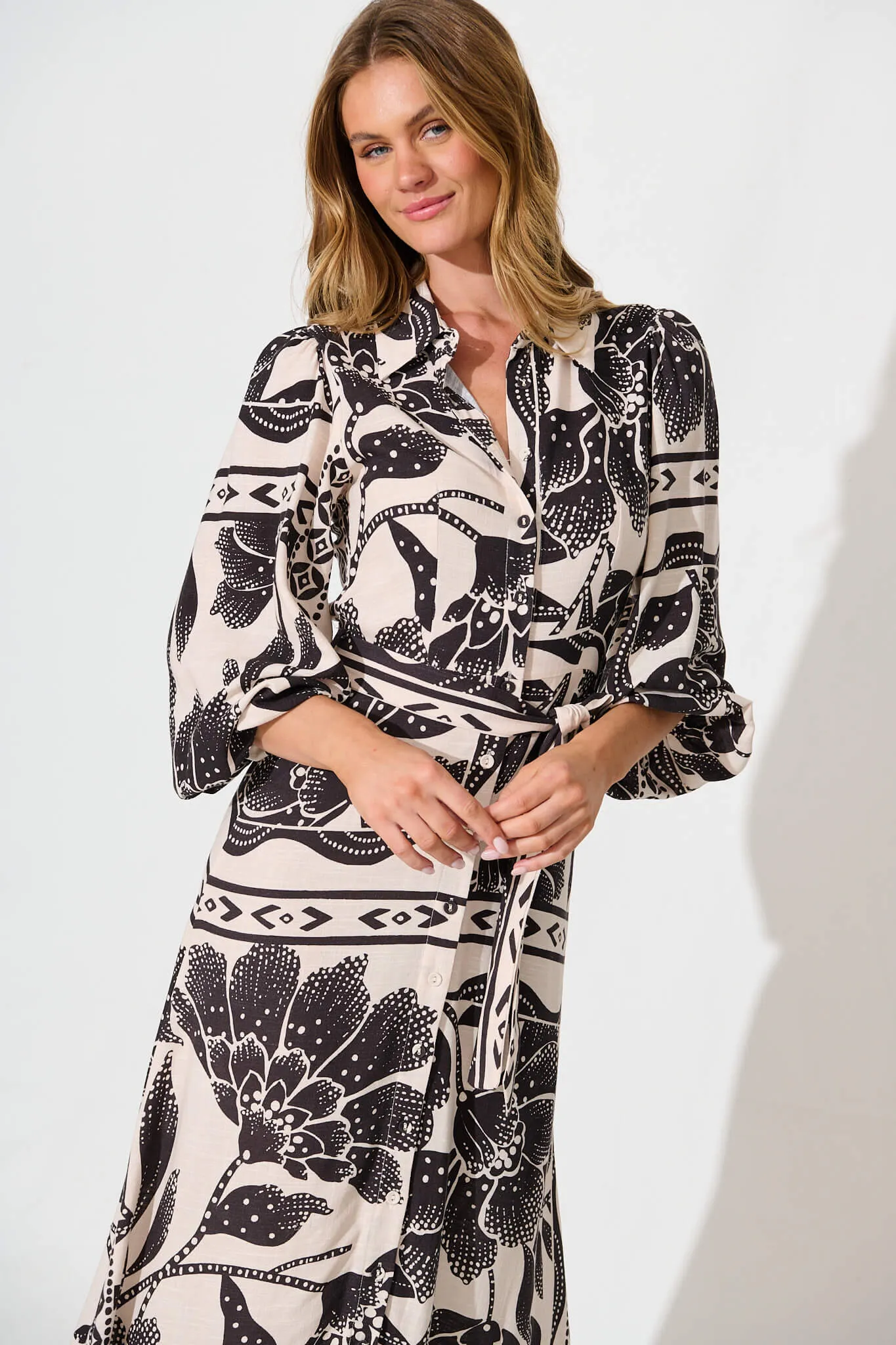 Eira Maxi Shirt Dress in Beige with Black Flower Linen Blend sold by St Frock product image thumbnail 2