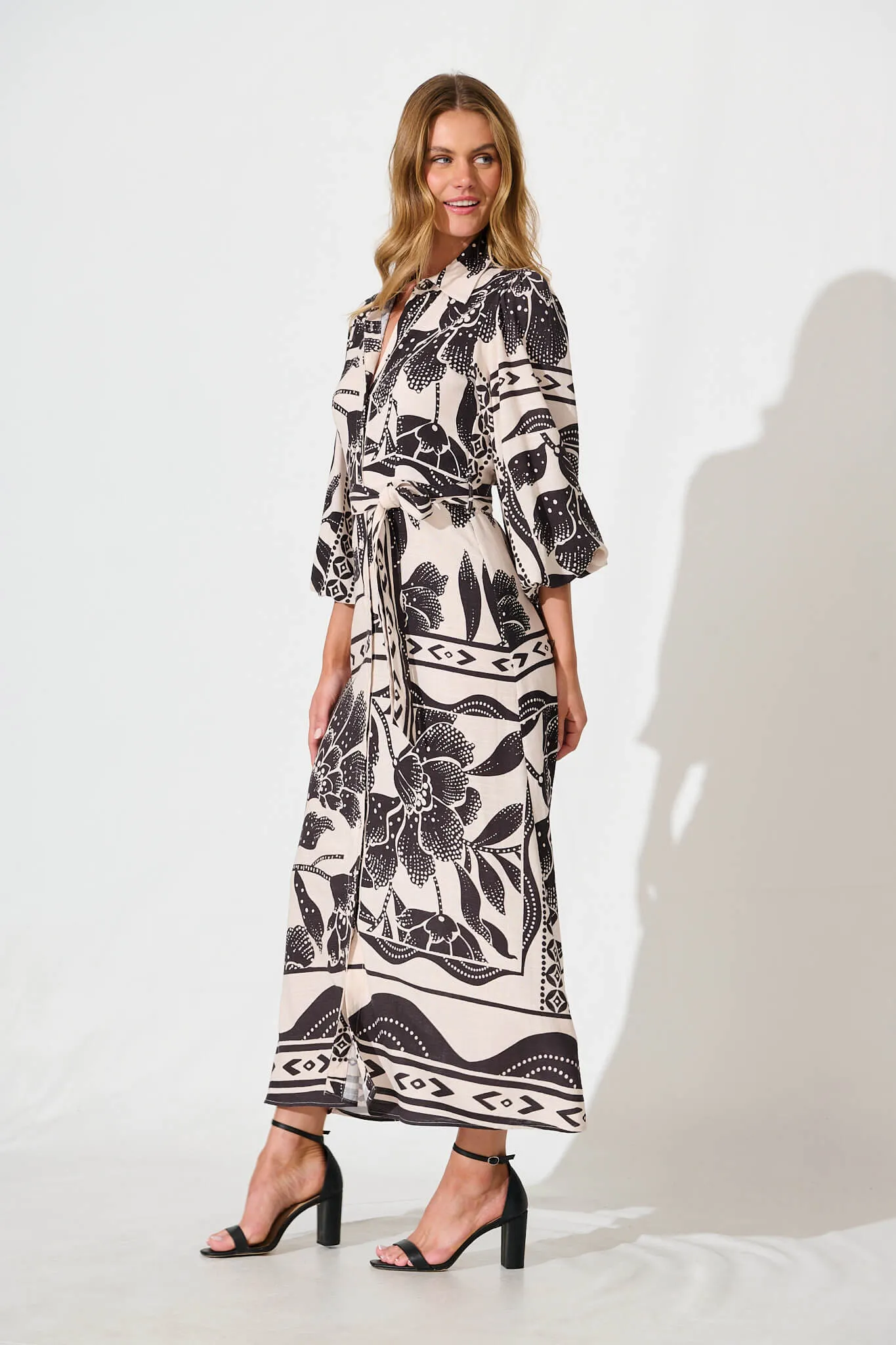 Eira Maxi Shirt Dress in Beige with Black Flower Linen Blend sold by St Frock product image thumbnail 3