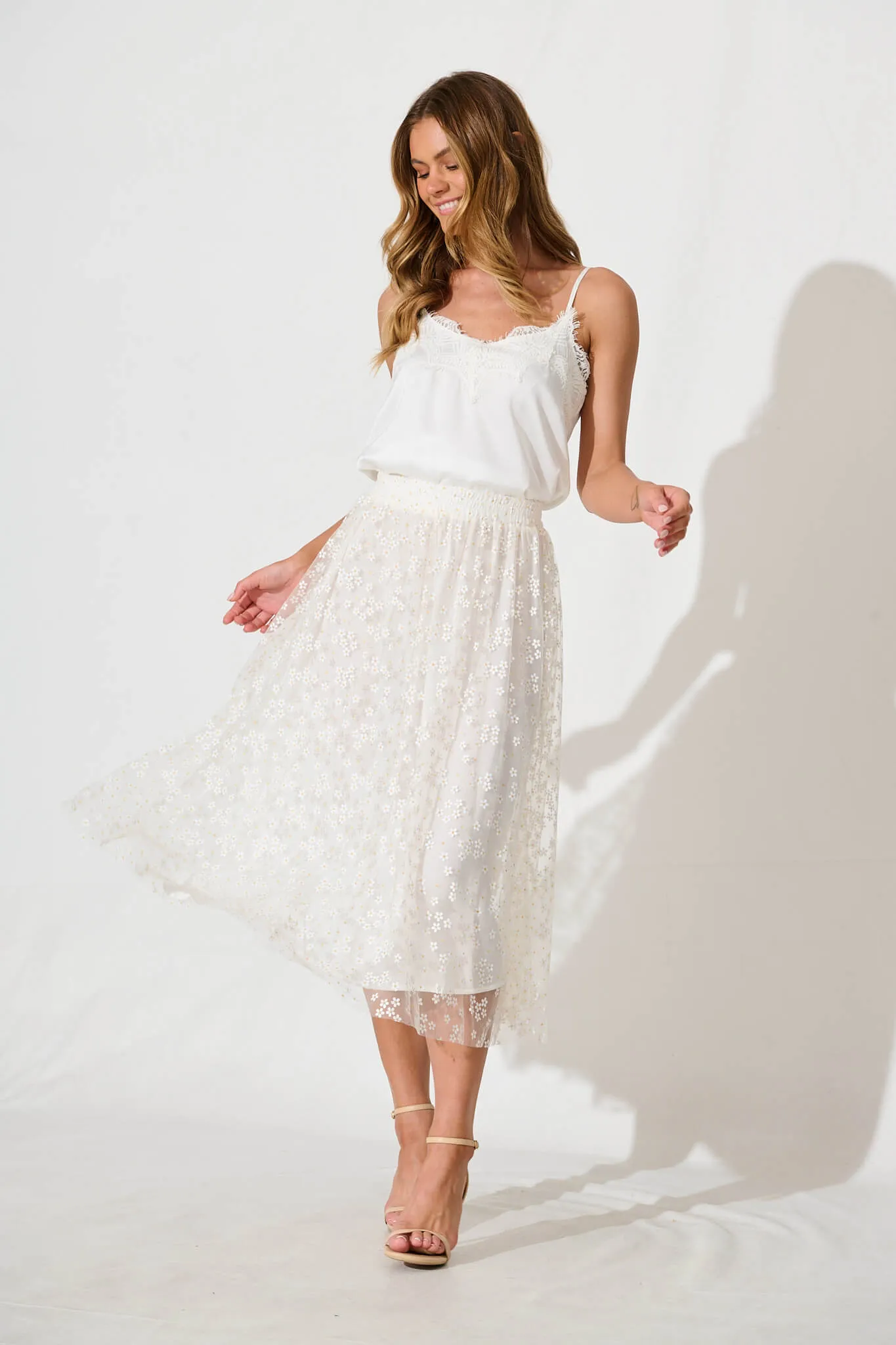 Lilitina Midi Skirt in White Floral Tulle With Gold Lurex sold by St Frock product image thumbnail 4