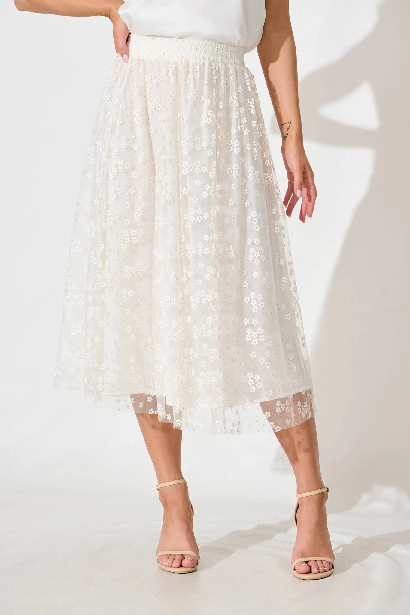 Lilitina Midi Skirt in White Floral Tulle With Gold Lurex sold by St Frock