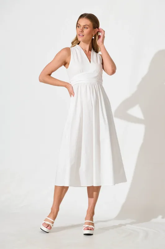 Odelle Midi Dress in White Cotton sold by St Frock