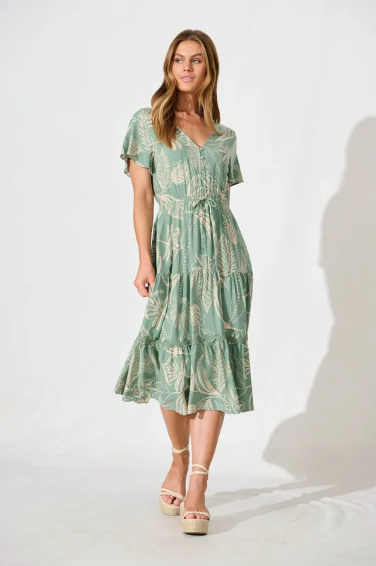 Laconia Midi Dress In Khaki Print with Ric Rac Trim sold by St Frock