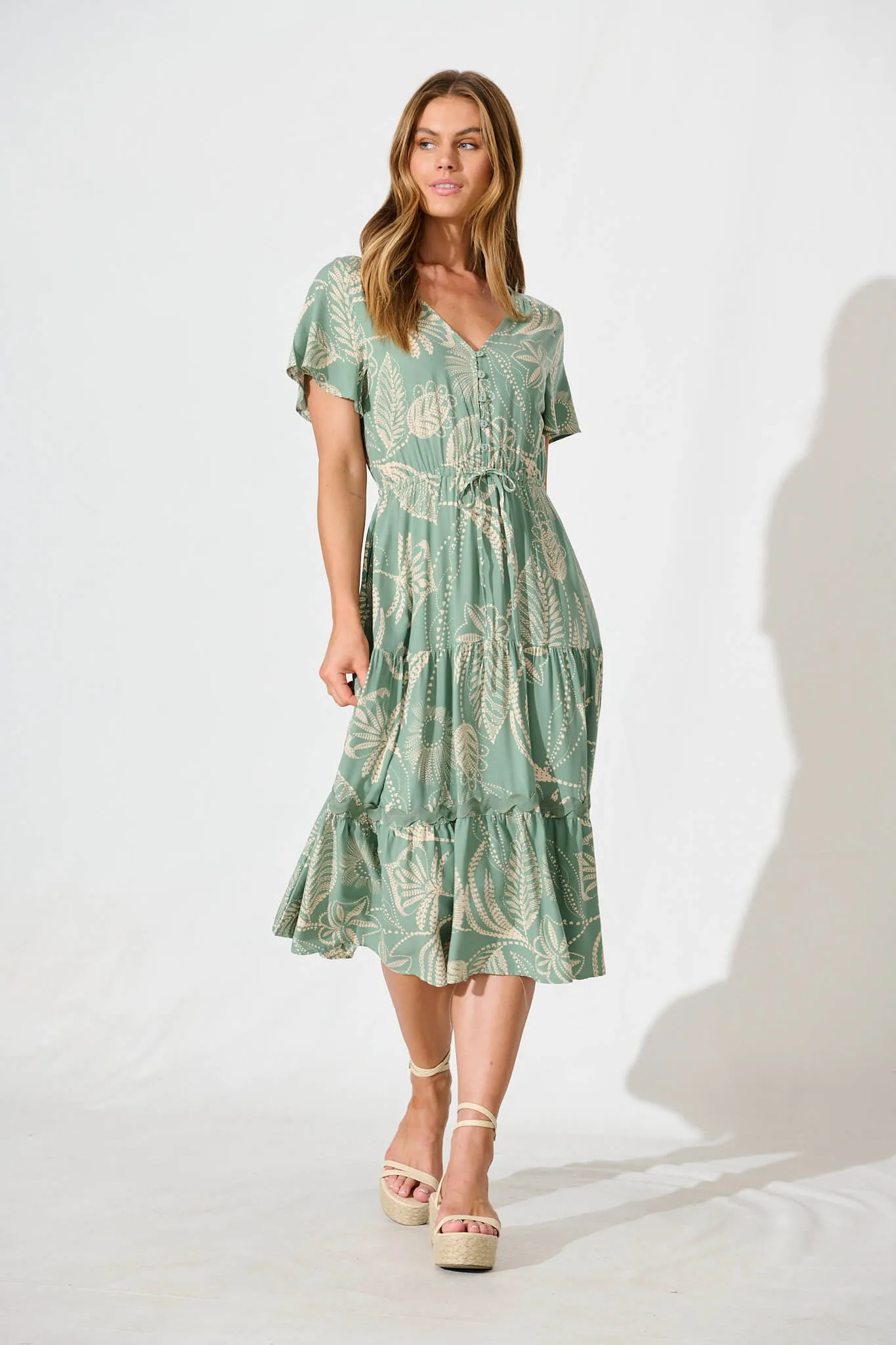 Laconia Midi Dress In Khaki Print with Ric Rac Trim sold by St Frock