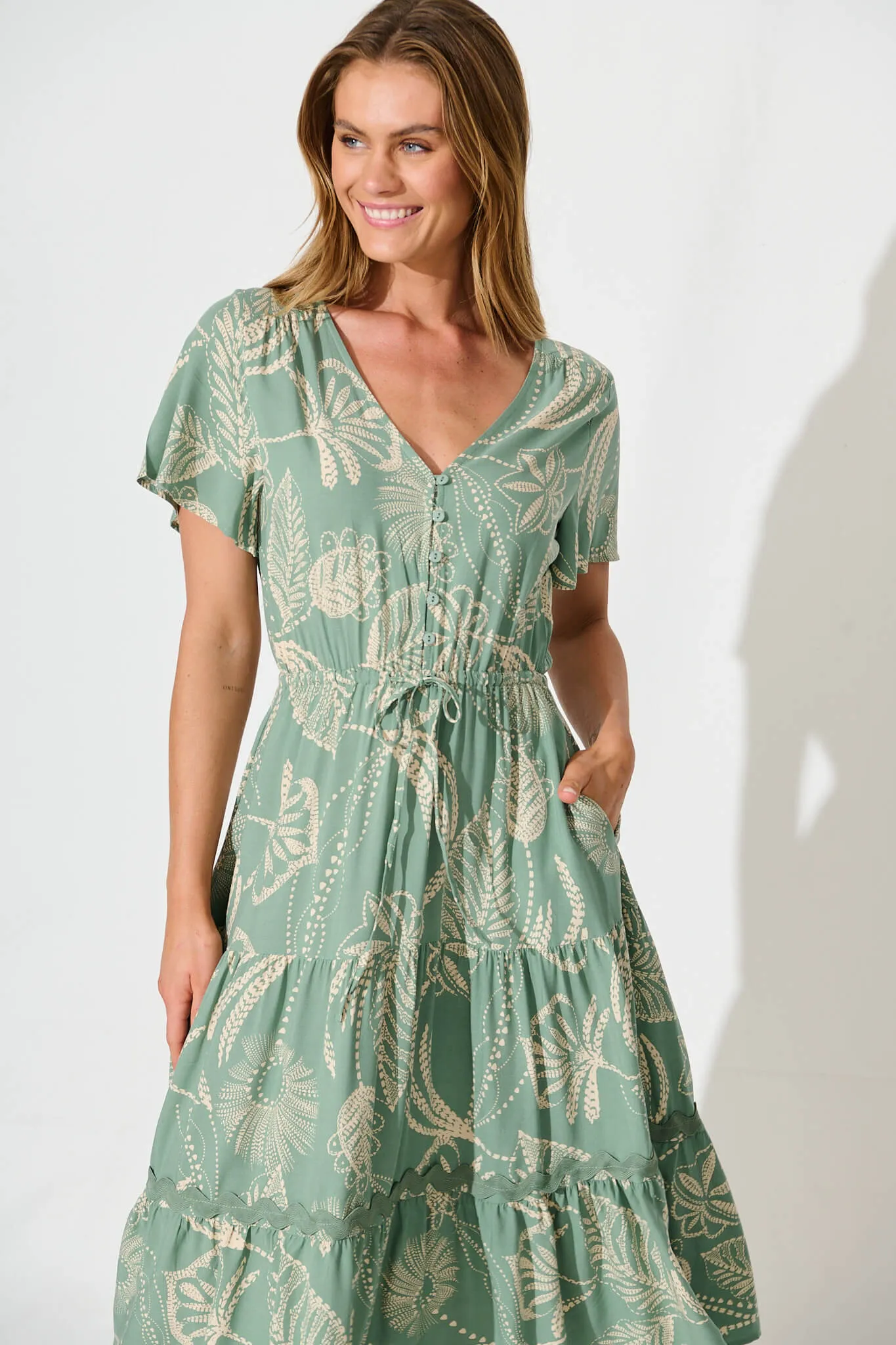 Laconia Midi Dress In Khaki Print with Ric Rac Trim sold by St Frock product image thumbnail 2