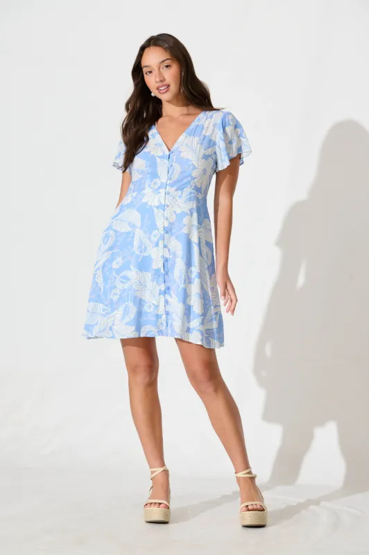 Lowelle Dress in Blue with White Floral Leaf Linen Blend sold by St Frock