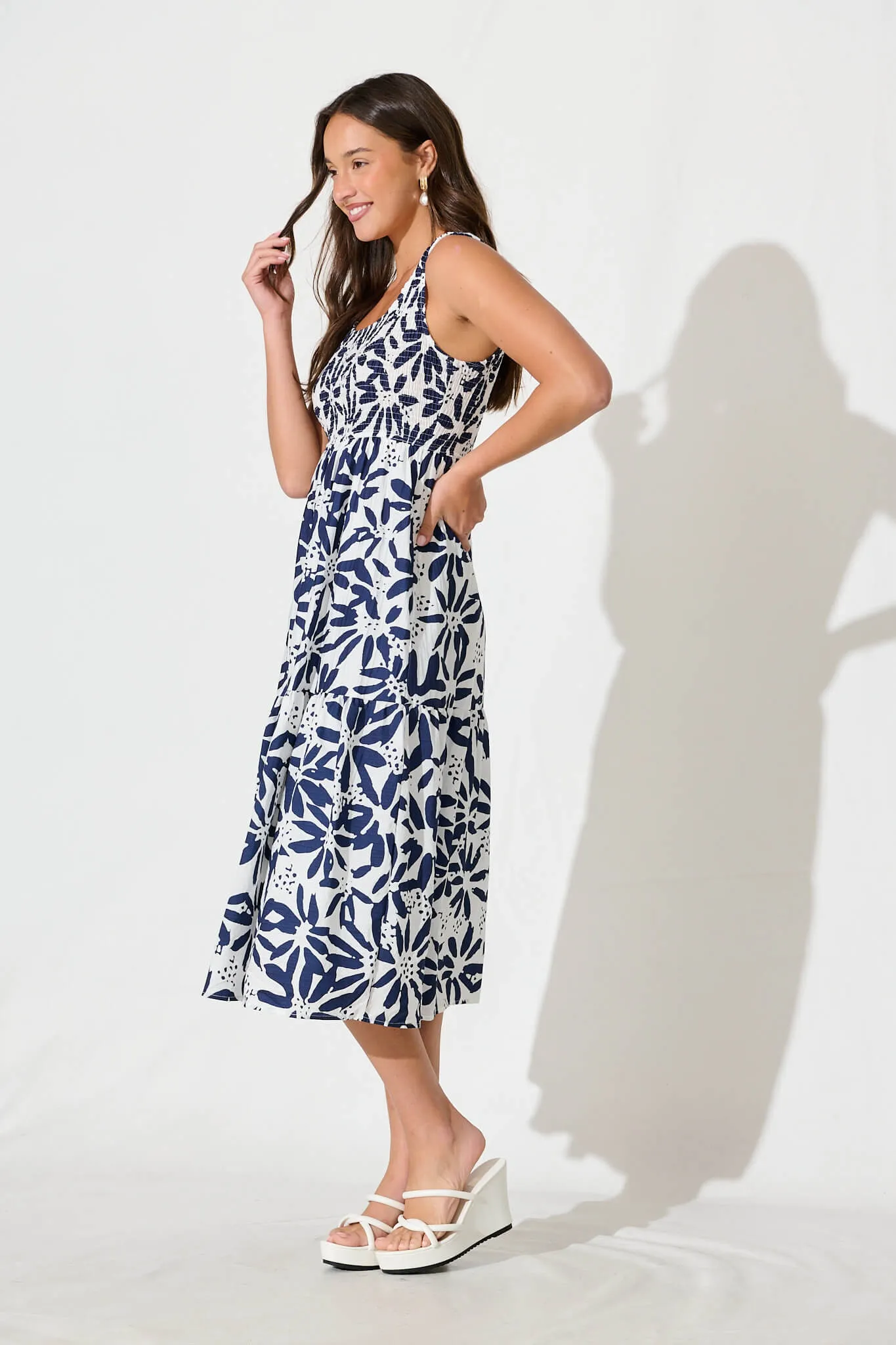 Caribbean Midi Dress In White with Navy Flower sold by St Frock product image thumbnail 3